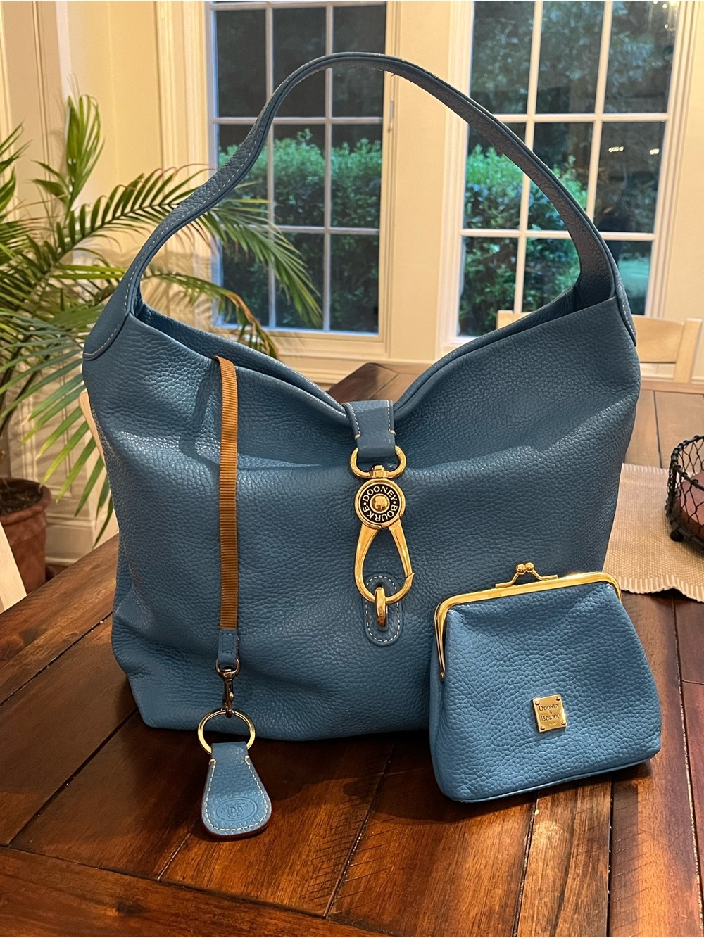 Dooney & Bourke Blue Pebbled Leather Hobo Bag Coin Purse Key Fob Set Stunning